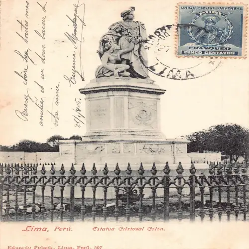 A665 Peru 1906 Lima Estatua Cristoval Colon Statue Vintage Postkarte