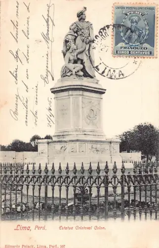A665 Peru 1906 Lima Estatua Cristoval Colon Statue Vintage Postkarte