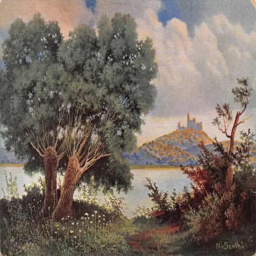 A692 Deutschland 1919 Dessins Landschaft See Burgruine Baum Vintage Postkarte