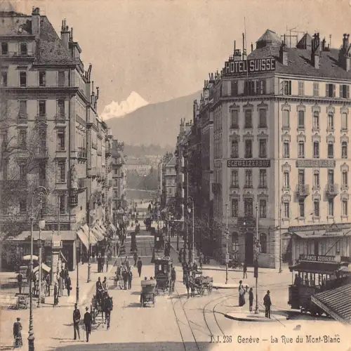 A693 Schweiz 1913 Geneve Rue du Mont Blanc Hotel Suisse Kutsche Postkarte