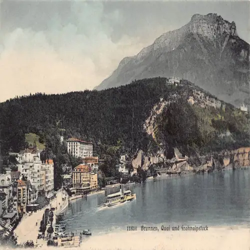 A693 Schweiz Brunnen Quai und Frohnalpstock Dampfschiff Vintage Postkarte