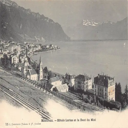 A695 Schweiz Montreux Hotels Lorius et Dent du Midi Eisenbahn Vintage Postkarte