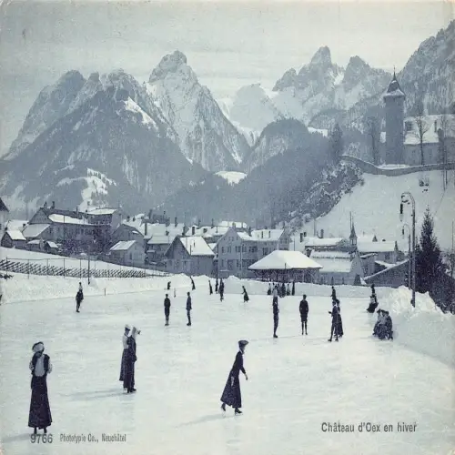 A695 Schweiz 1909 Chateau d'Oex en hiver Skaten Wintersport Postkarte