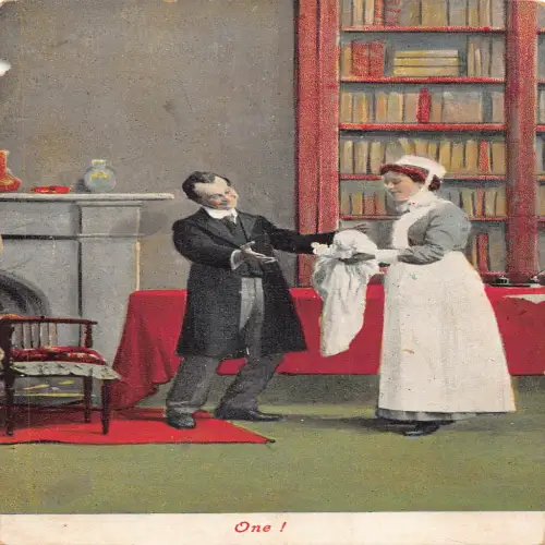A696 Geburtsanzeige One! Krankenschwester schenkt Baby glücklichem Vater Vintage Postkarte