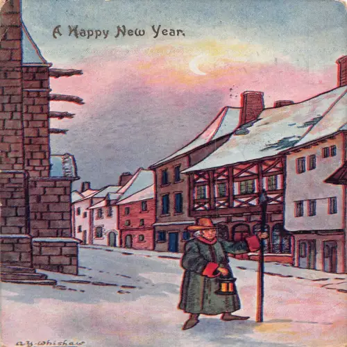 A696 Neujahrsgrüße 1921 Mittelalterliche Stadtwache Mondschein Schnee Postkarte