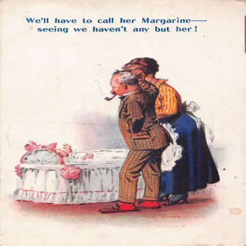 A696 Comic Humor Eltern Baby in Krippe Pfeife Rauchen nennen sie Margarine! Postkarte