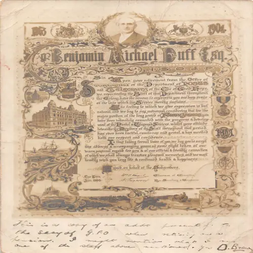 A696 Dokument 1904 Kopie der Postkarte Benjamin Michael Duff Esq Office Posts