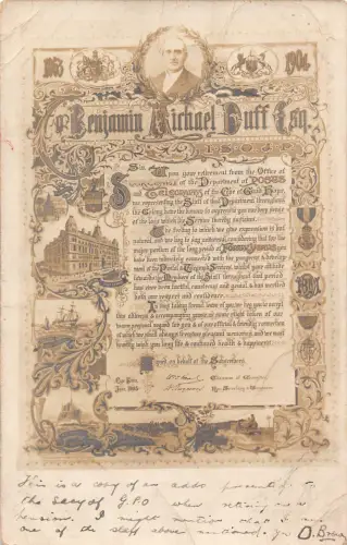 A696 Dokument 1904 Kopie der Postkarte Benjamin Michael Duff Esq Office Posts