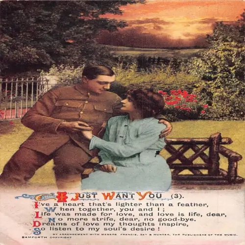 A697 Liebesroman Gedicht Ich will dich nur Paar umarmt Soldat Sonnenuntergang Postkarte