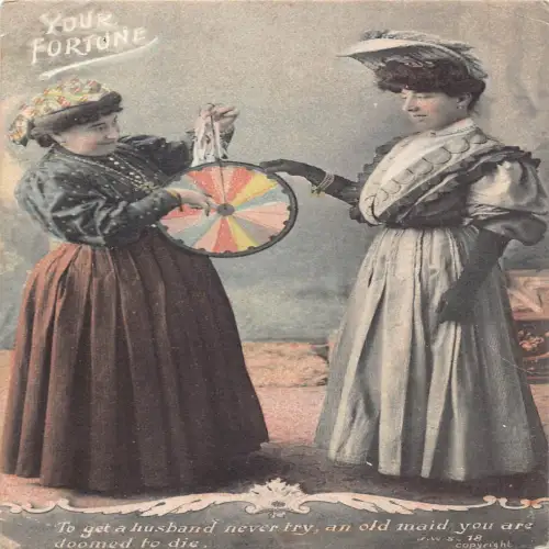 A698 Comic Humor 1909 Dein Glücksrad Frauen zum Sterben verurteilt Postkarte
