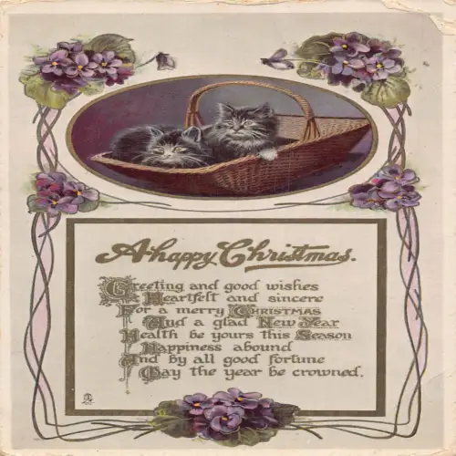 A699 Weihnachtsgrüße Kätzchen im Korb Violette Blumen Gedicht Postkarte