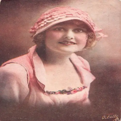A700 Oilette 1925 Fashion Glamour Woman with Bonnet Flower Dress Postkarte