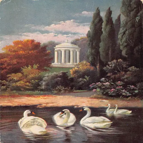 A700 Kunst 1908 Landschaft mit Kiosksee mit Schwänen Vintage Postkarte