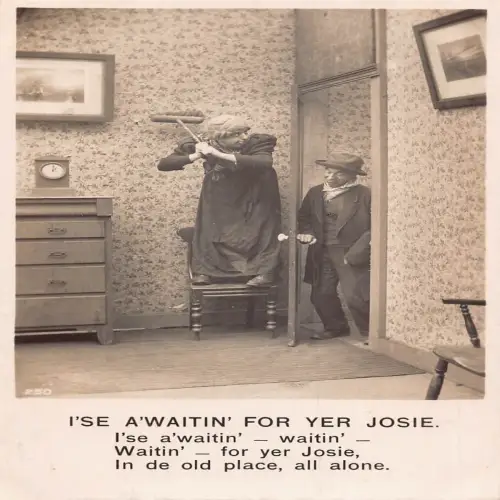 A701 Comic Humor 1906 Ich warte auf deine Josie Frau hält Sweep Postkarte
