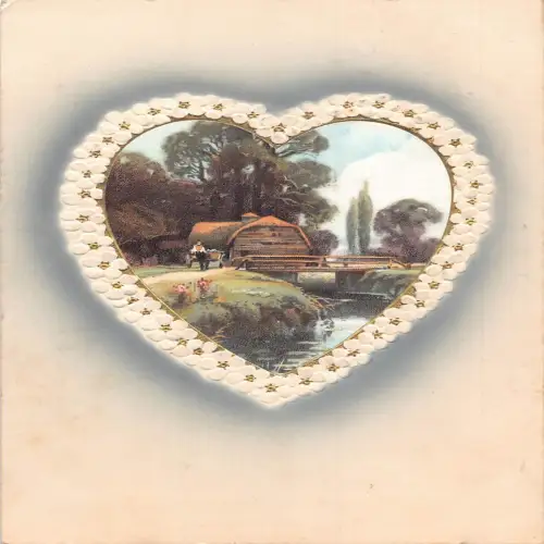 A701 Passepartout Blumenform Herz Dorf Landschaft 1909 Prägepostkarte