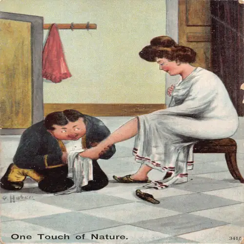 A702 Comic Humor Mann wischt Frauenfuß One Touch of Nature Postkarte