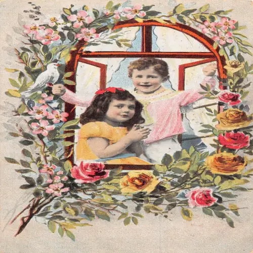 A702 Frühlingsgrüße Kinder Rosen Taube Vogel Fenster Vintage Postkarte