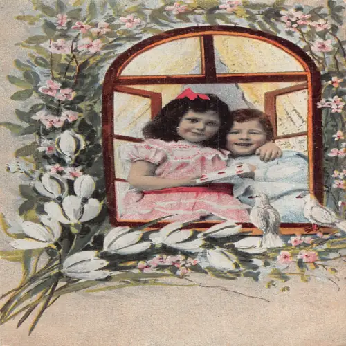 A702 Frühlingsgrüße Kinder Taube Vogel Fenster Schneeglöckchen Blume Brief Postkarte