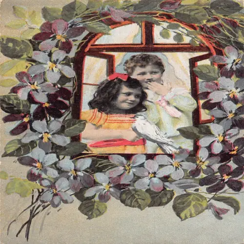 A702 Frühlingsgrüße Kinder Veilchen Taube Vogel Fenster Vintage Postkarte