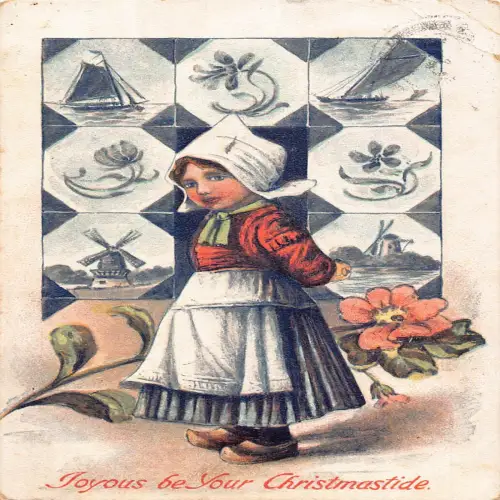 A703 Weihnachtsgrüße 1908 Holländisches Mädchen Blumen Windmühle Boote Postkarte