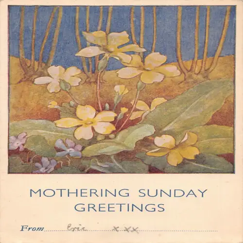 Postkarte A703 Muttersonntagsgrüße gelbe und lila Blumen