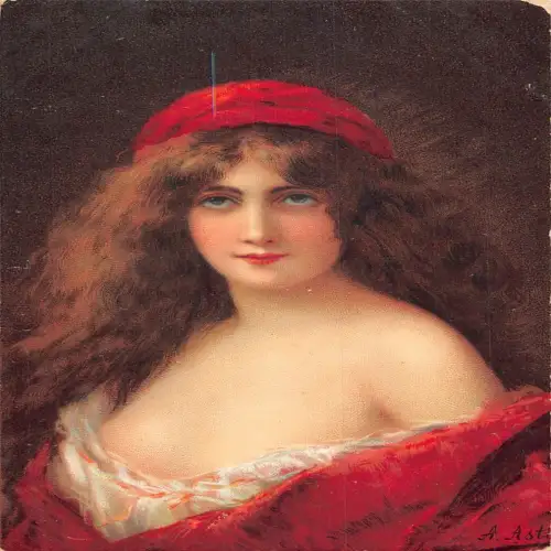 A704 Kunst von Angelo Asti Frau mit rotem Kleid und Stirnband gewelltes Haar Postkarte