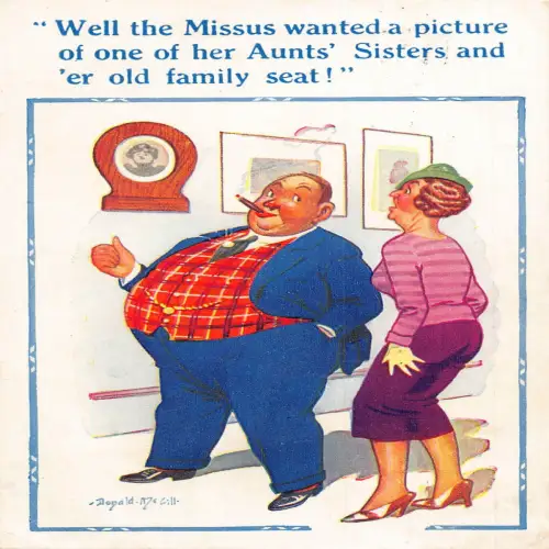 A703 Comic Humor 1949 Mann raucht Zigarre zeigt Frau Bilder Vintage Postkarte