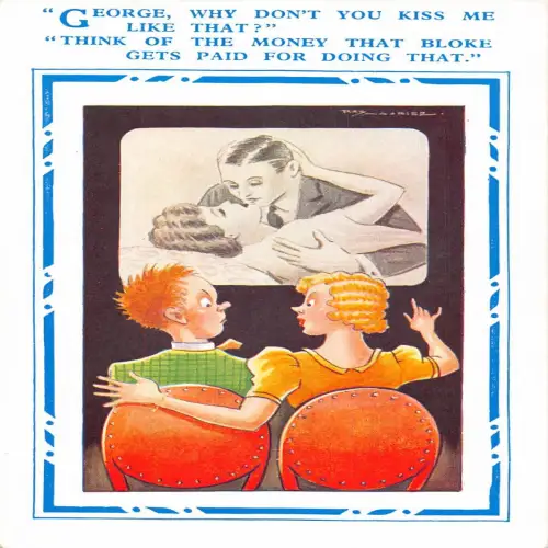 A703 Comic Humor Paar schaut Film Kuss Szene Vintage Postkarte