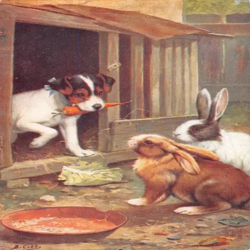 A704 Tiere Kunst Hasen Kaninchen beobachten Hund stehlen Karotte Postkarte
