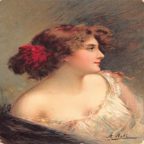 A704 Kunst von Angelo Asti Unschuldiges Mädchen mit Haaren im Dutt und weißem Kleid Postkarte