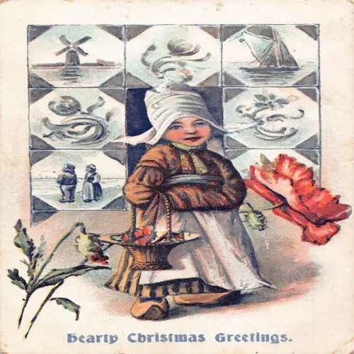 A704 Herzliche Weihnachtsgrüße 1909 Holländisches Mädchen Mohnblumen Windmühle Postkarte
