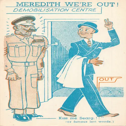 A705 Comic Humor Polizistin Meredith Wir sind raus! Postkarte Demobilisierungszentrum