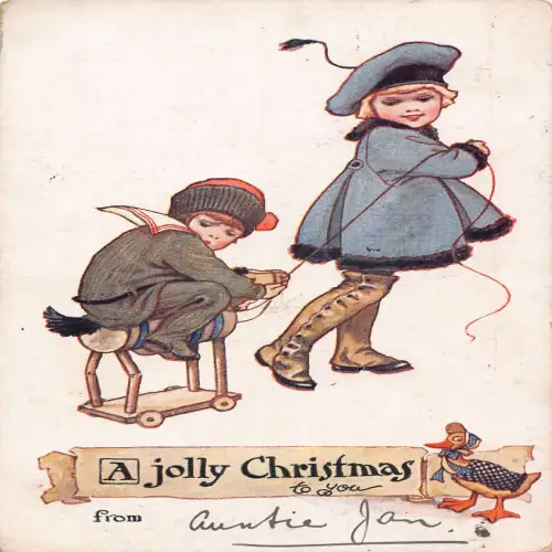 A705 Weihnachtsgrüße 1921 Kinder Überzug Pferd Spielzeug Humanisierte Ente Postkarte