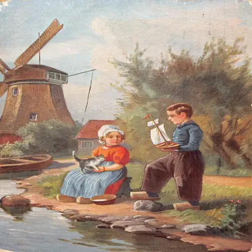 A706 Little Hollanders 1937 Holländische Kinder Windmühle Katzenspielzeug Boot Postkarte