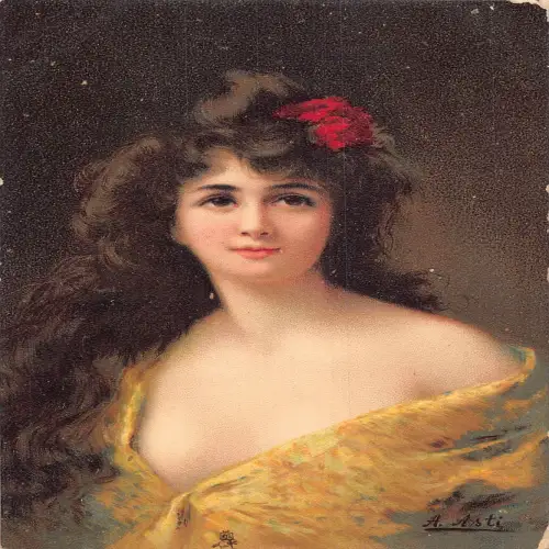 A705 Mode 1906 Rosalino Frau große Augen gelbes Kleid von A Asti Postkarte