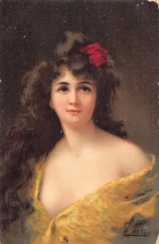 A705 Mode 1906 Rosalino Frau große Augen gelbes Kleid von A Asti Postkarte