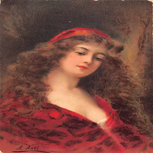 A705 Mode Glamour lange Haare Frau rotes Kleid und Band von A Asti Postkarte