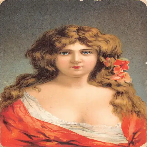 A705 Mode Glamour lange Haare Frau rotes Kleid und Blumen Postkarte
