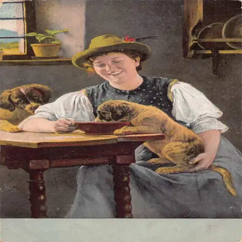 A706 Humor 1905 Bauernmädchen hilft Welpen Milch vom Tisch zu trinken Postkarte