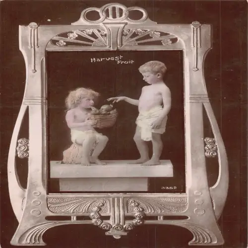 A707 Ernte Obst 1910 Fotomontage Kinder Rahmen Korb Vintage Postkarte
