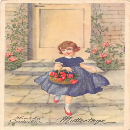A707 Muttertagsgrüße 1930 lustiges Mädchen mit Rosen Korb Vintage Postkarte
