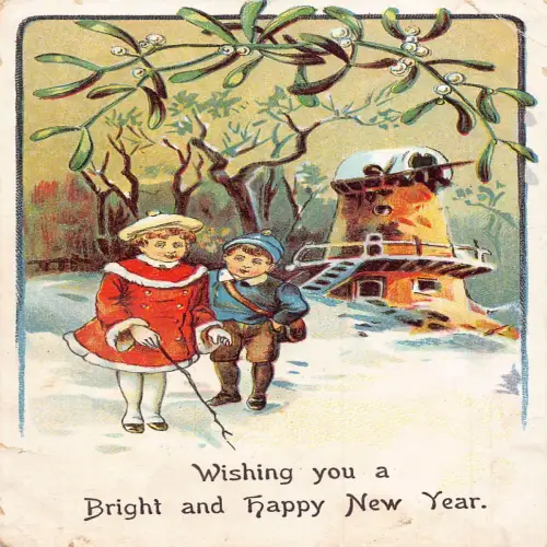 A707 Neujahrsgrüße Kinder Schneeturm Mistelzweig Vintage Postkarte