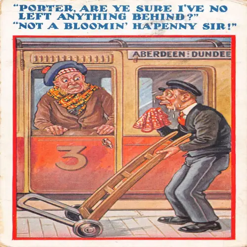 A707 Comic Humor 1933 müder Porter Train kein blühender Ha'Penny Sir! Postkarte