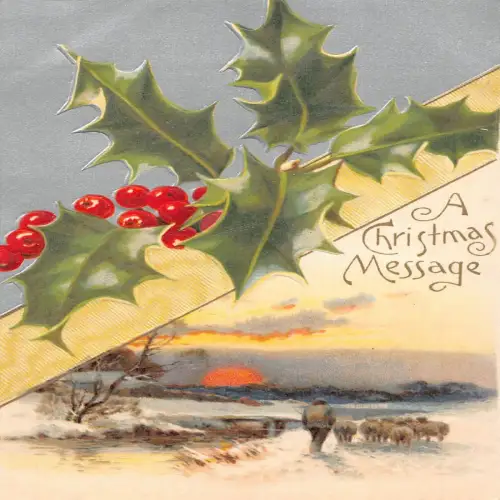 A707 Weihnachtsgrüße Heiliger Baum Sonnenuntergang Schaf Herde Landschaft geprägte Postkarte