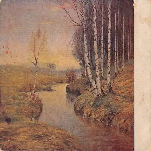 A711 Russische Kunst von R Berggoltz Avril April Frühling Landschaft Fluss Baum Postkarte