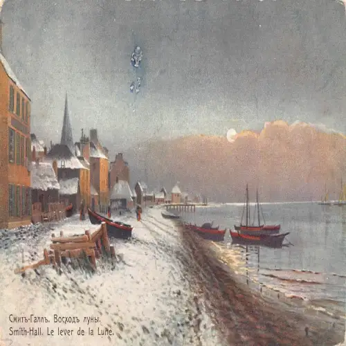 A711 Russische Kunst von Smith-Hall Mondlicht über Hafen Schneeboot Postkarte