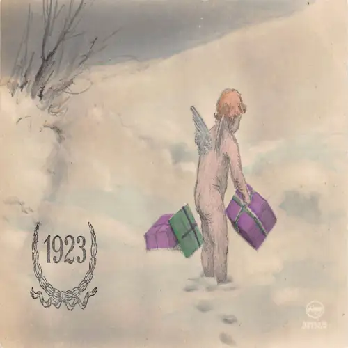 A713 Neujahr Fantasy 1923 nackter Cherub geht im Schnee hält Geschenke Postkarte