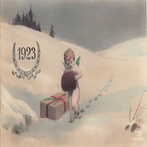 A713 Neujahr Fantasy 1923 Nackter Cherub mit Muff Spaziergänge im Schnee Geschenk Postkarte