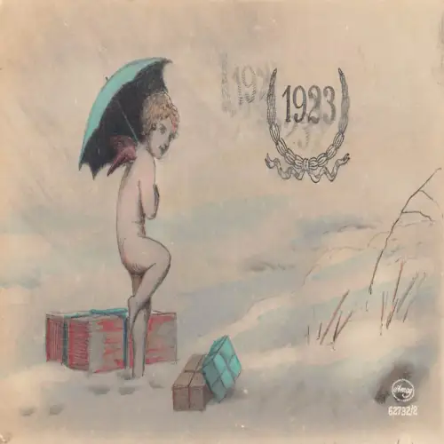A713 Neujahr Fantasy 1923 nackter Cherub Regenschirm Spaziergang im Schnee Geschenk Postkarte