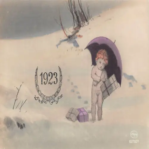 A713 Christmas Fantasy 1923 Nackter Cherub Regenschirm Geschenke Schnee Winter Postkarte